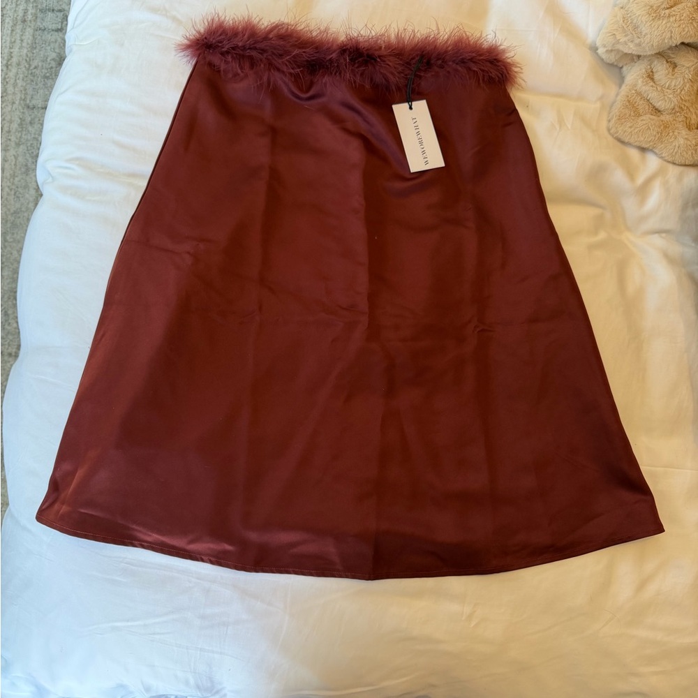 WeWoreWhat Maroon Feather-Trim A-Line Skirt